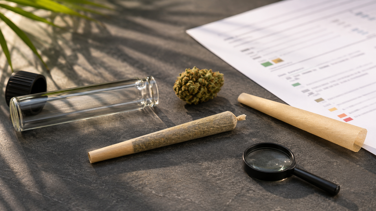 Hemp pre-roll beside CBD flower, glass tube and laboratory report