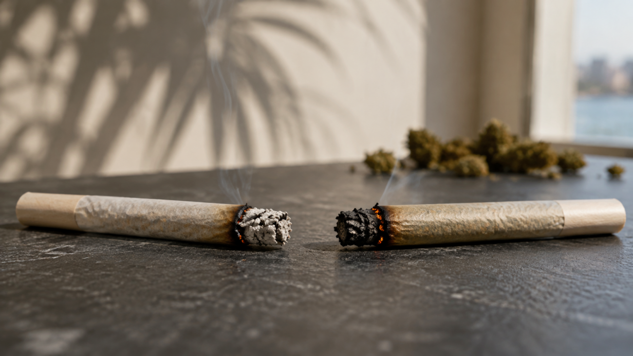 Two cannabis joints showing white ash and black ash side by side