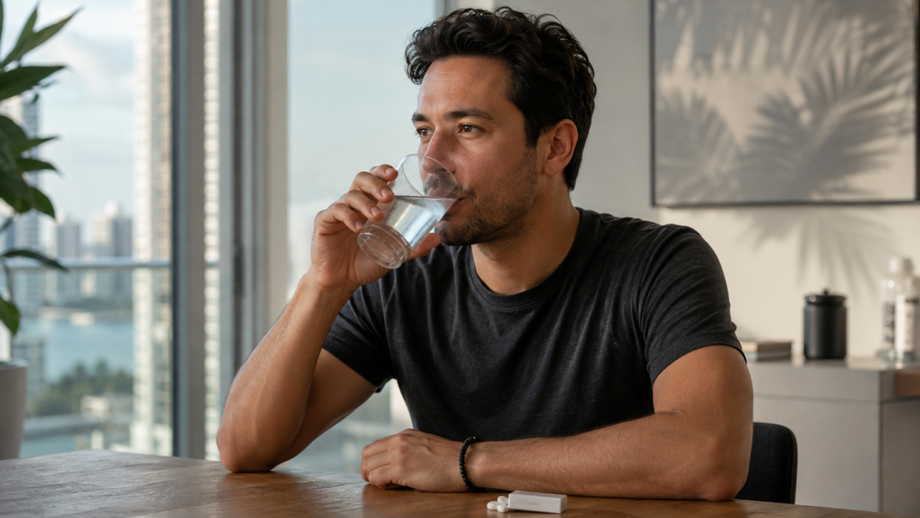 Adult drinking water to ease cannabis cottonmouth and dry mouth