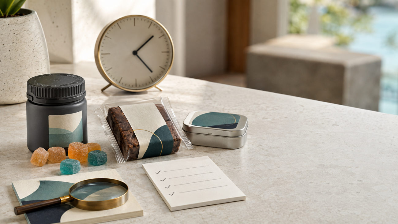 THC edible packages beside a clock and label-check checklist