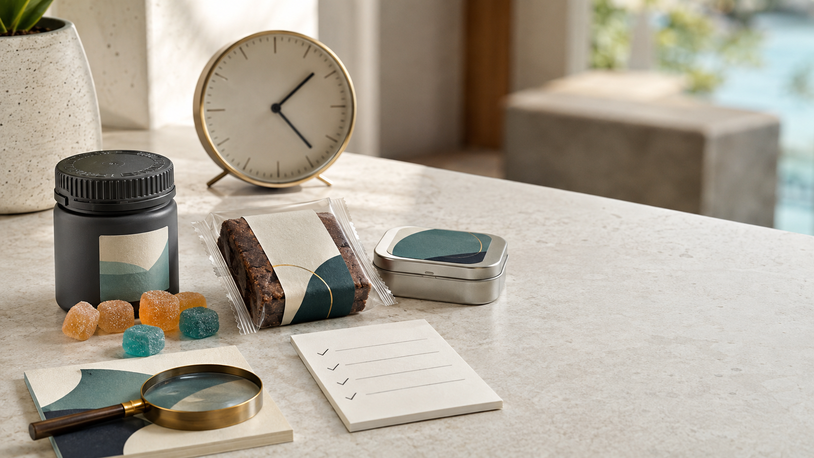 THC edible packages beside a clock and label-check checklist