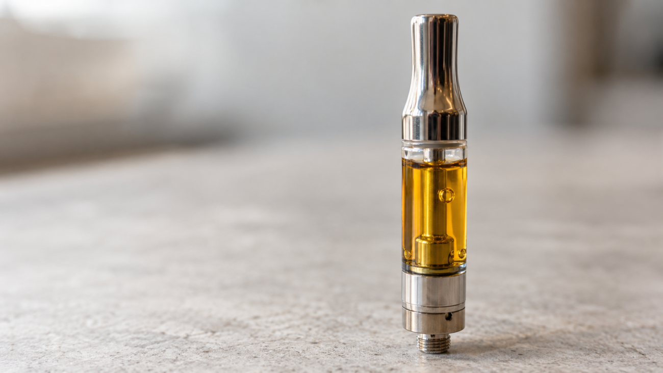 Small air bubble visible in amber oil inside a glass vape cartridge