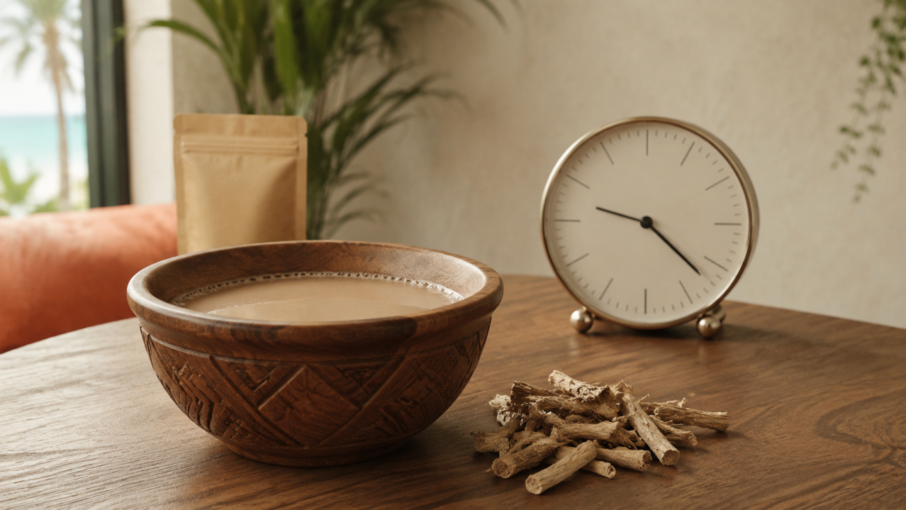 Traditional kava bowl beside dried kava root and an analog clock illustrating how long kava lasts