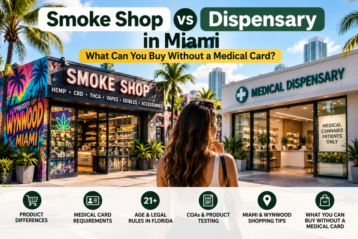 Smoke shop vs medical dispensary in Miami showing the difference between hemp retailers and medical marijuana dispensaries.