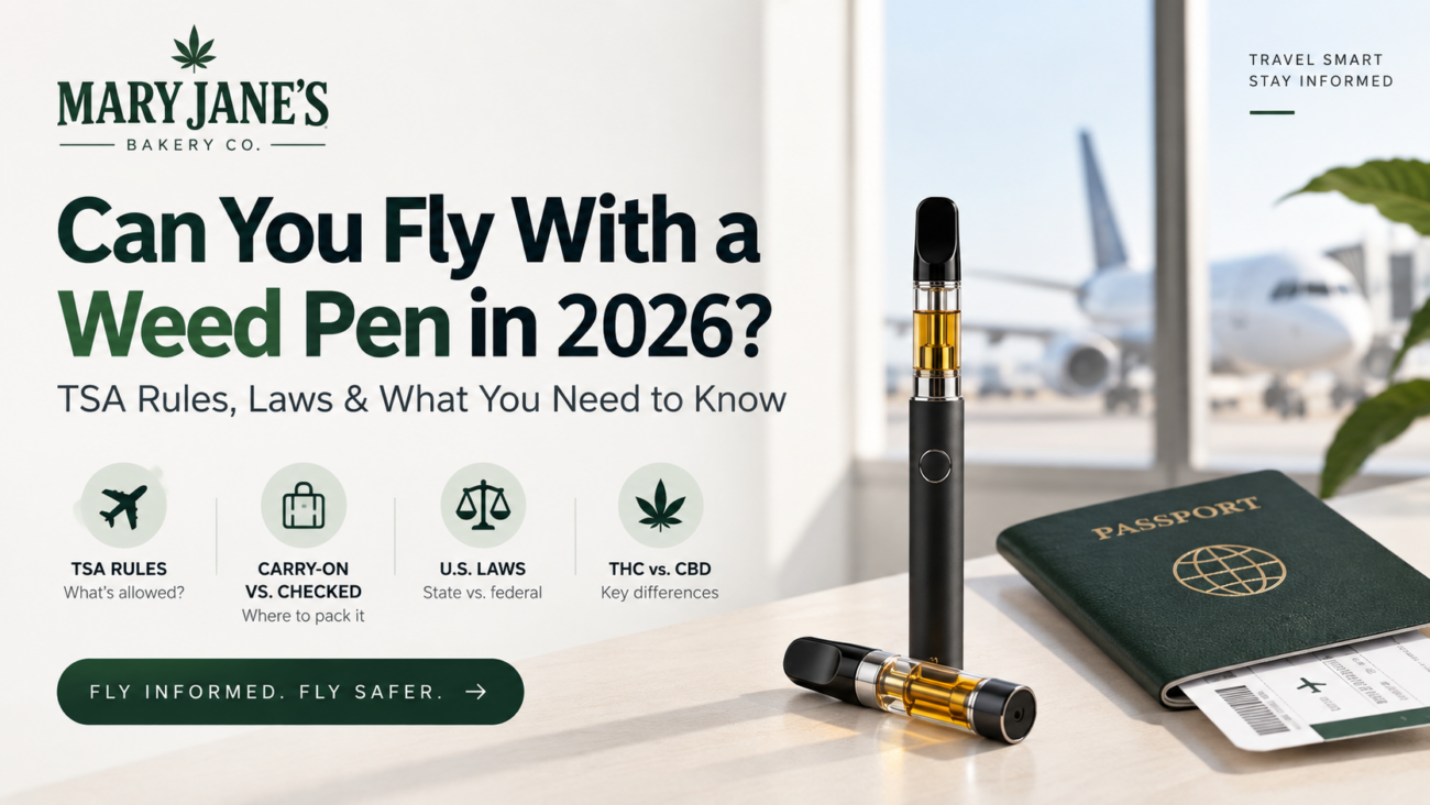 Weed pen and THC vape cartridge beside a passport and boarding pass at an airport, illustrating 2026 TSA travel rules.