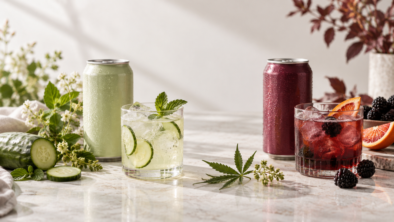 Side-by-side CBD and THC drinks with chilled cans, ice, fruit, and botanical accents