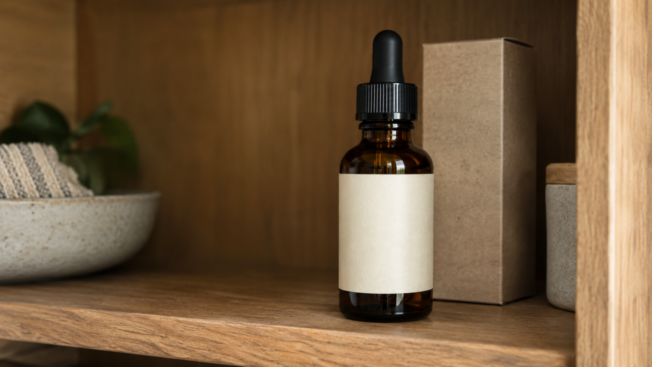 Amber dropper bottle standing beside a kraft box in a shaded wooden cabinet.