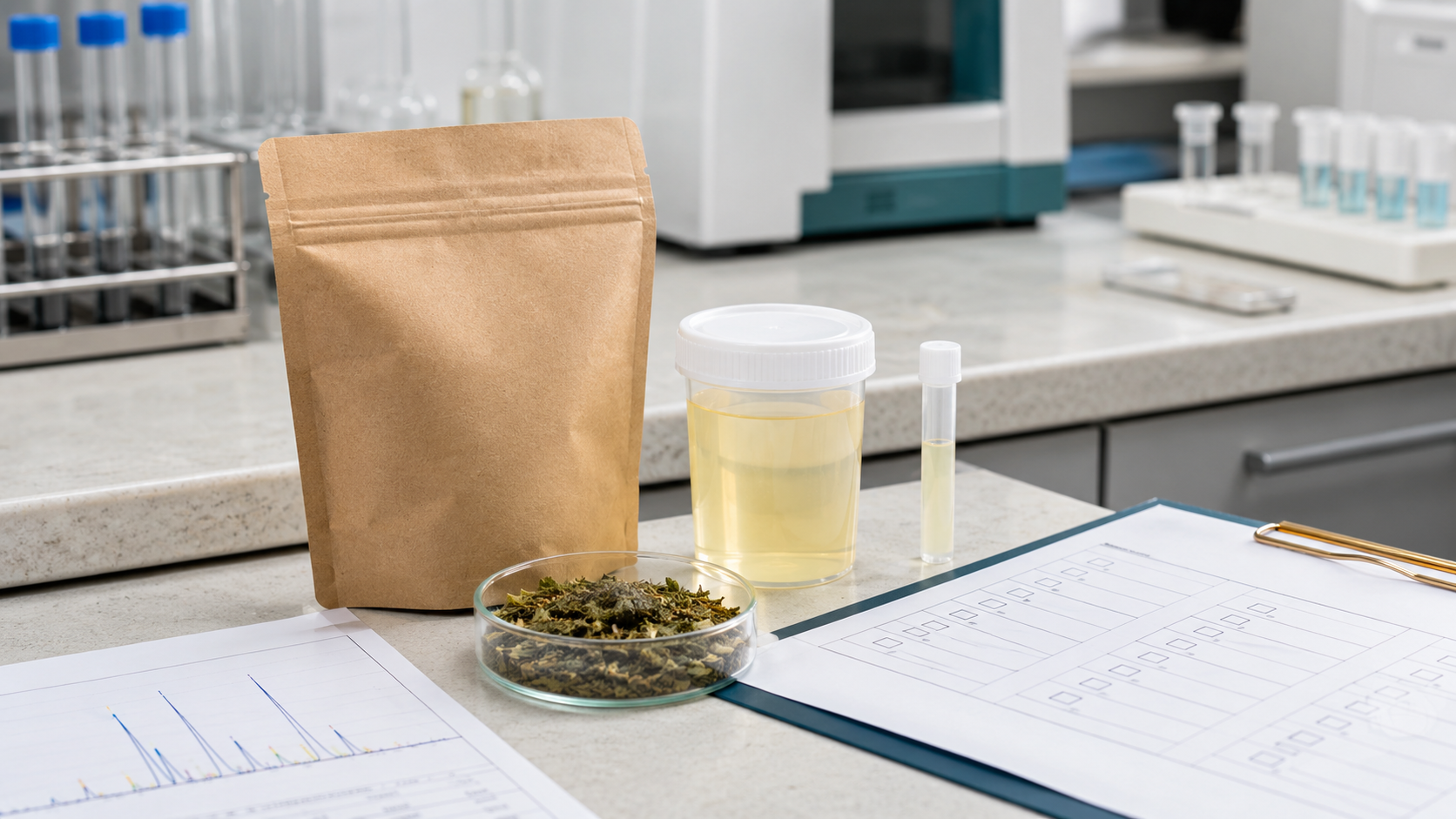 Kratom sample beside a sealed urine drug-test container and laboratory testing forms