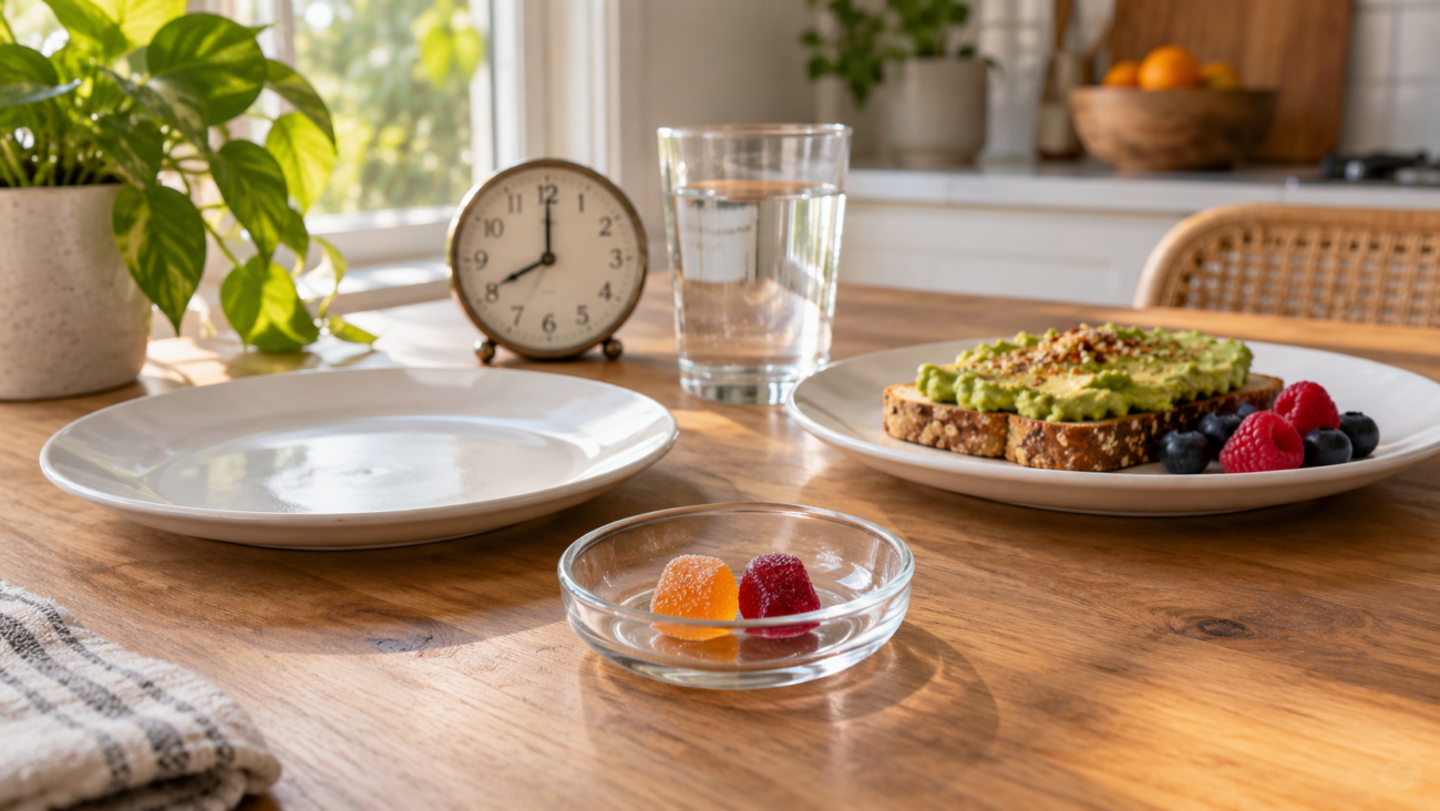 Two cannabis gummies beside an empty plate and a light meal
