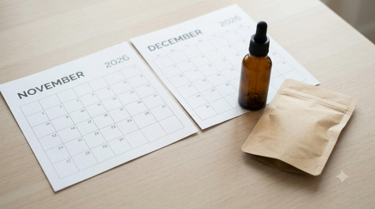 November and December 2026 calendar pages beside sealed unbranded hemp products