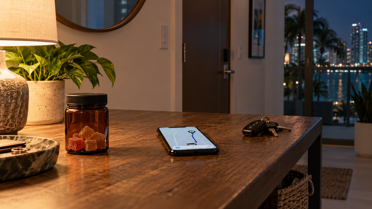 Sealed THC edible jar separated from car keys beside a phone showing a rideshare route