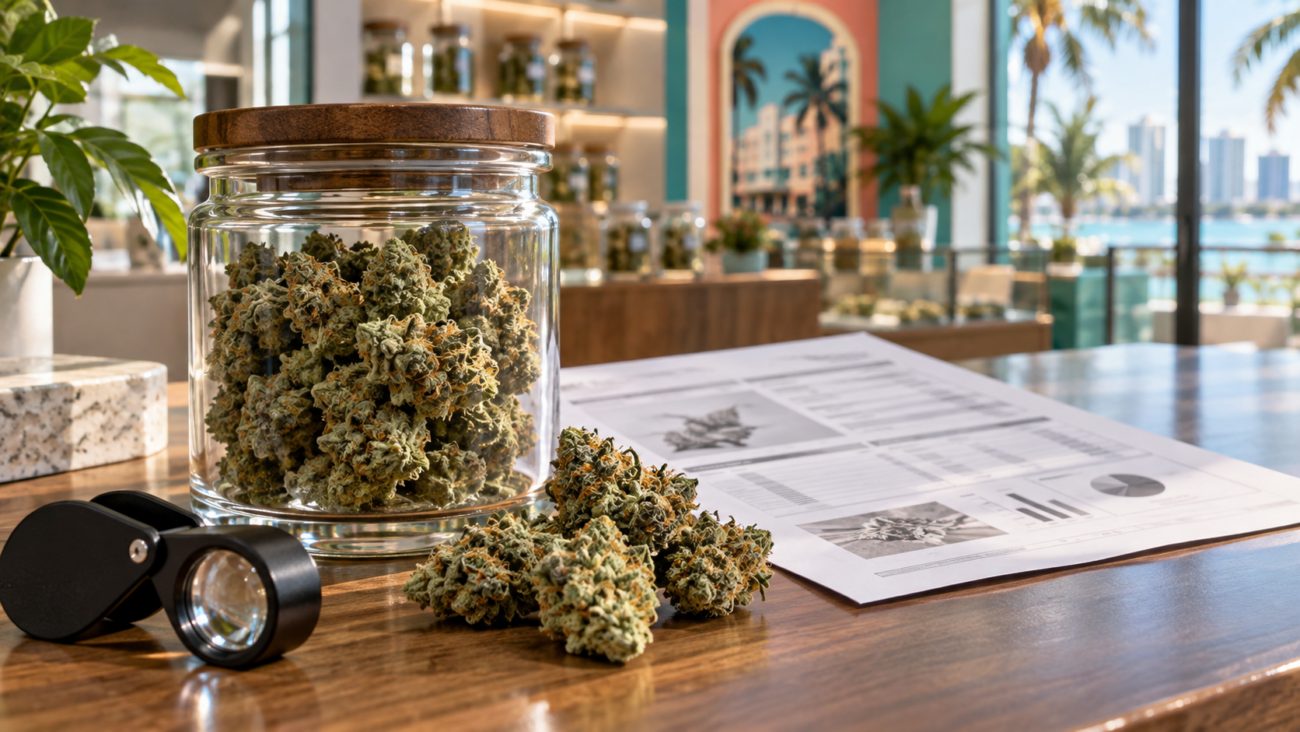 Cannabis flower beside a batch laboratory report at a Miami dispensary