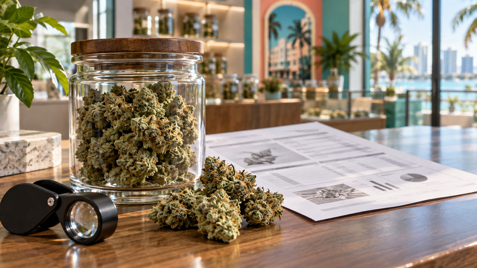 Cannabis flower beside a batch laboratory report at a Miami dispensary