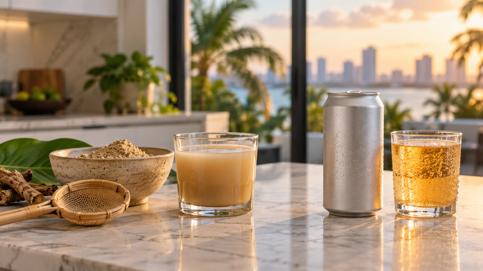 Unbranded kava root powder and prepared kava drink beside a plain canned THC beverage and sparkling drink on a Miami kitchen counter.