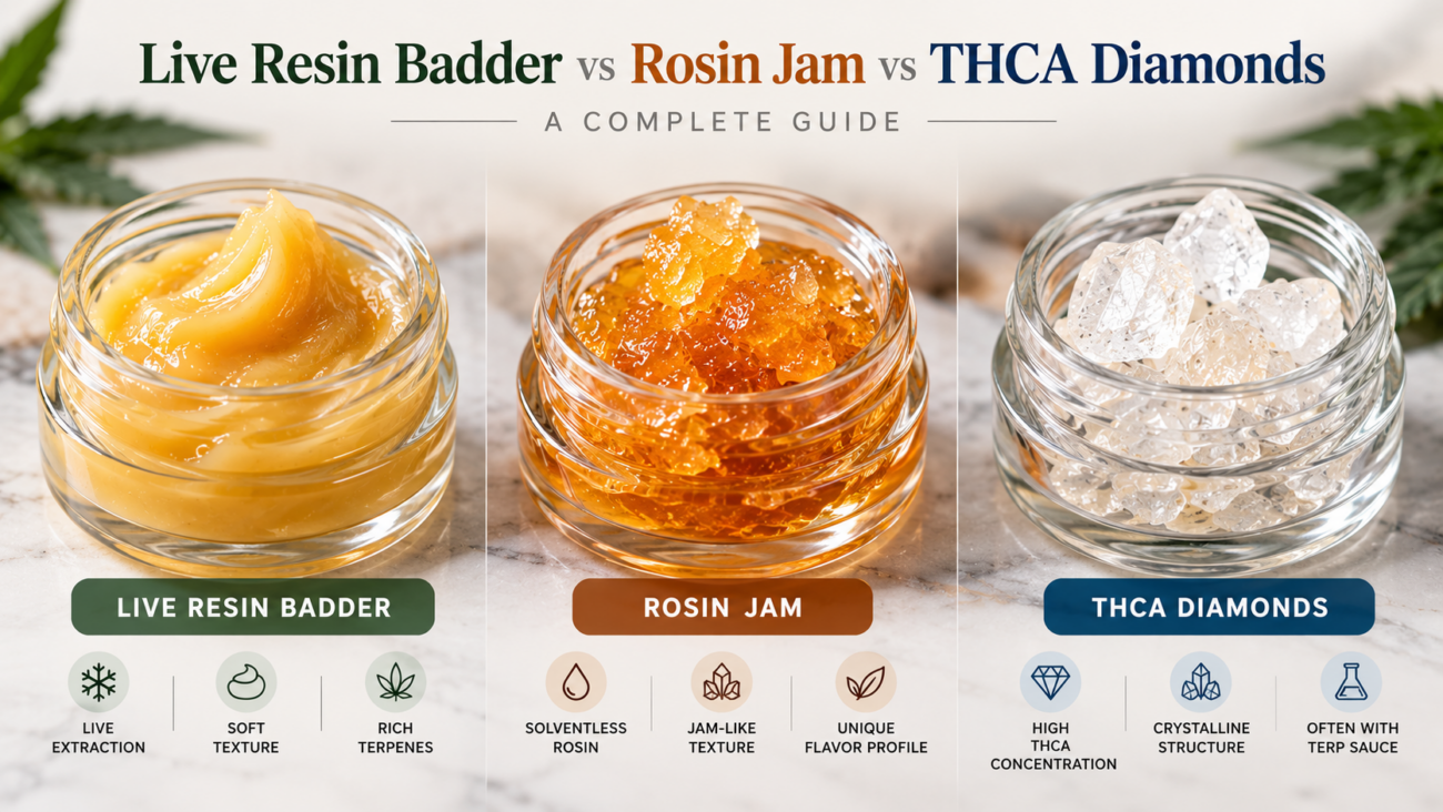 Live resin badder, rosin jam, and THCA diamonds shown side by side with texture and concentrate differences.