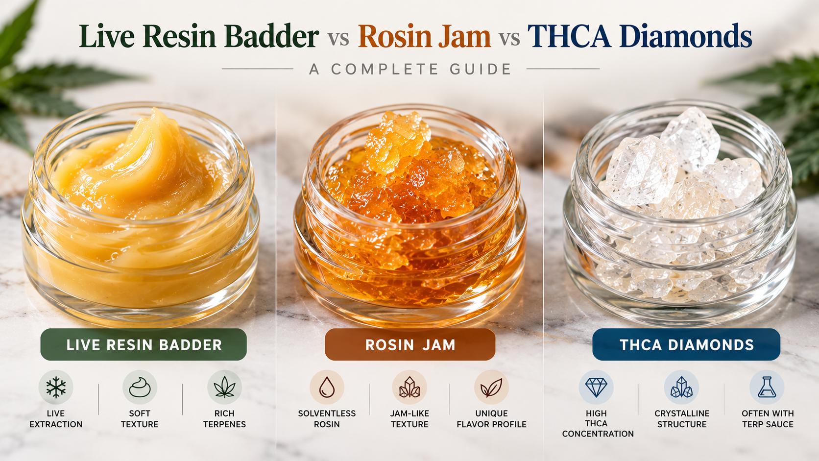 Live resin badder, rosin jam, and THCA diamonds shown side by side with texture and concentrate differences.