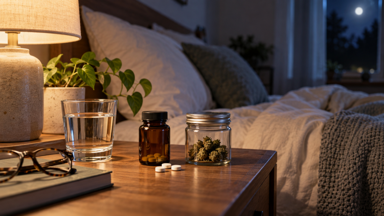 Melatonin tablets and cannabis flower kept separately on a bedside table at night