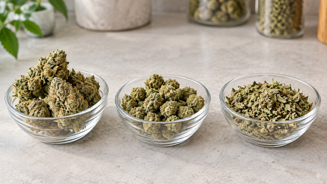 Shake weed beside whole cannabis flower and popcorn buds