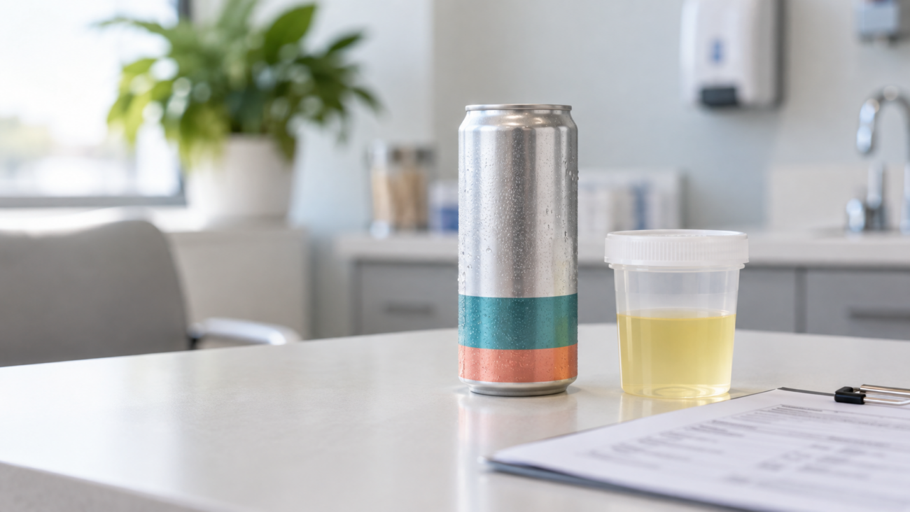 THC beverage can beside a sealed drug-test specimen cup and workplace checklist