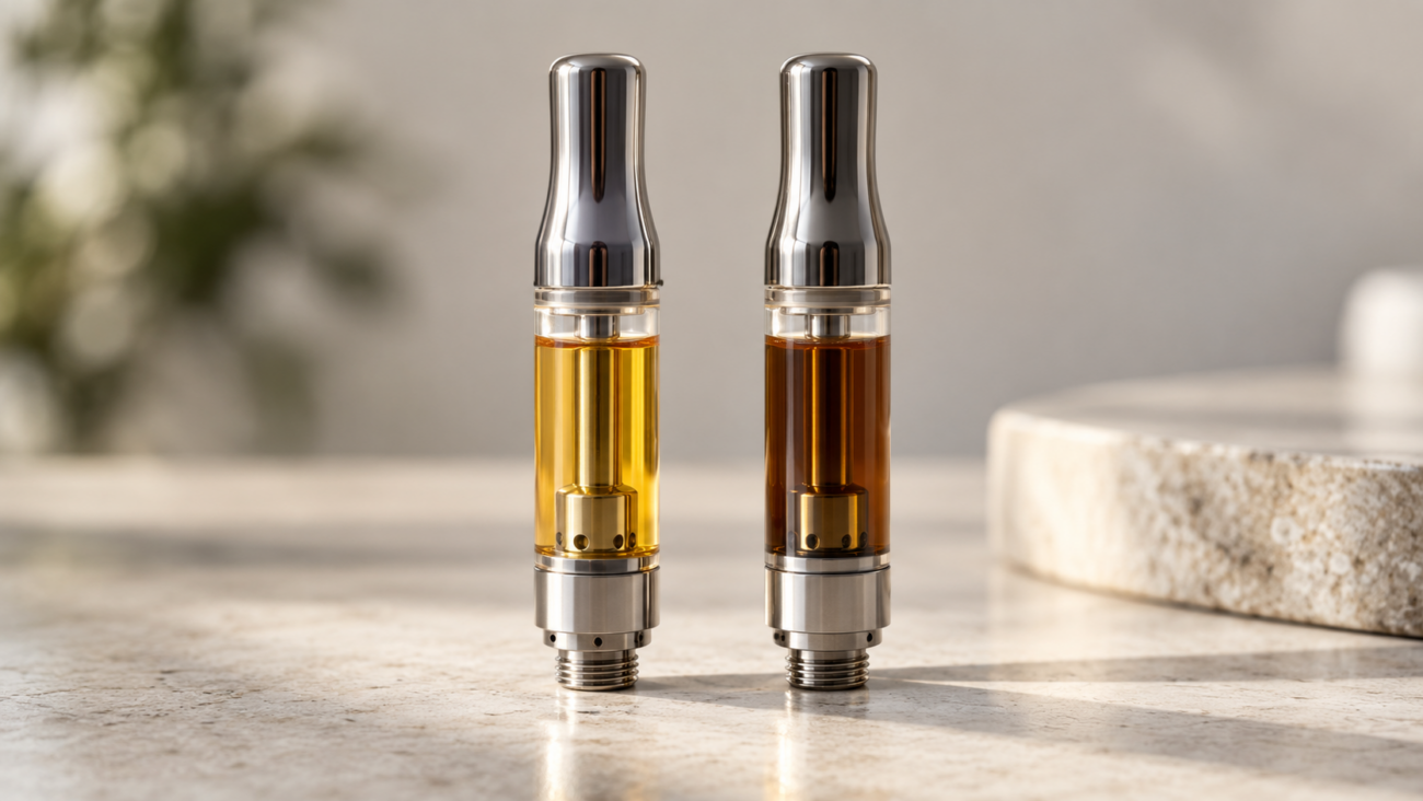 Two vape cartridges with golden and dark brown oil showing cartridge oil color differences.