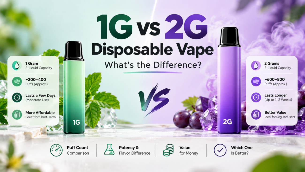 1G vs 2G disposable vape comparison showing capacity, lifespan, puff count and value differences