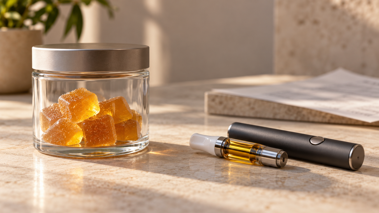 CBD vape vs gummies comparison showing orange gummies in a glass jar beside a silver vape pen and cartridge.