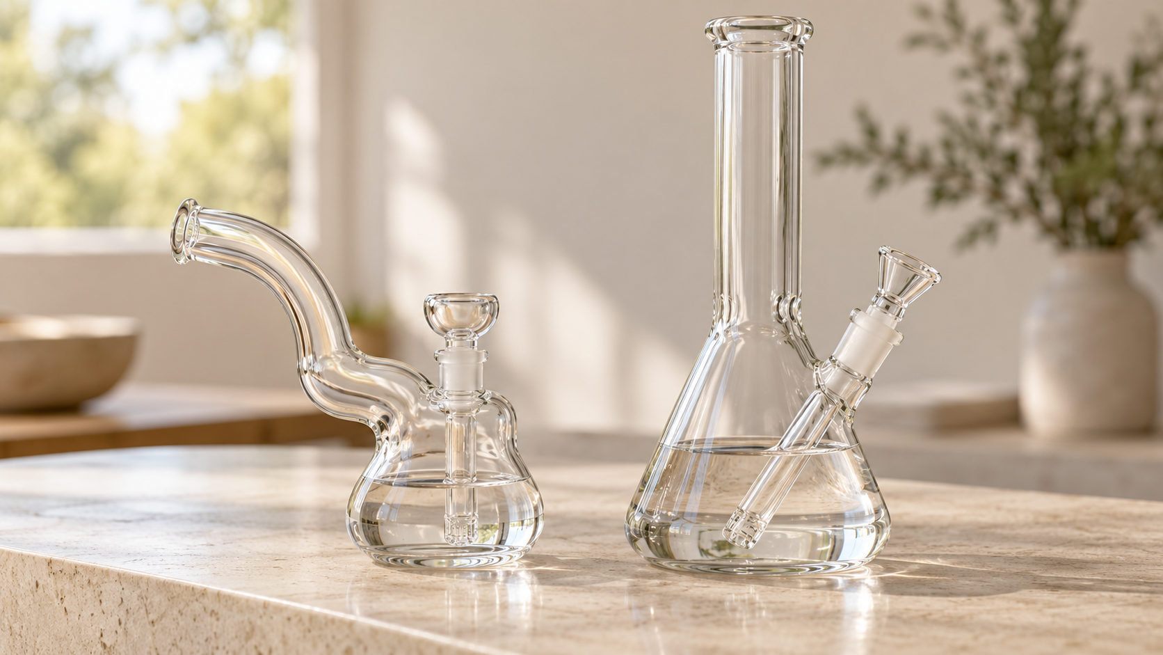 Compact glass bubbler beside a taller beaker bong, both containing water, on a sunlit stone countertop.