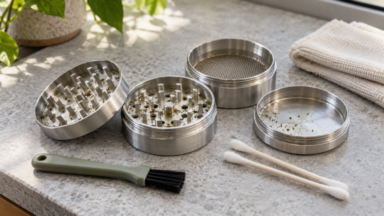Disassembled Herb Grinder Cleaning Setup