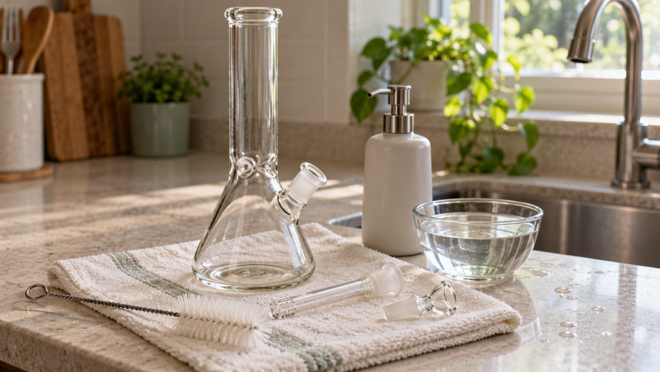 Glass bong with its bowl and downstem removed beside a soap dispenser, soft brush, and bowl of water.