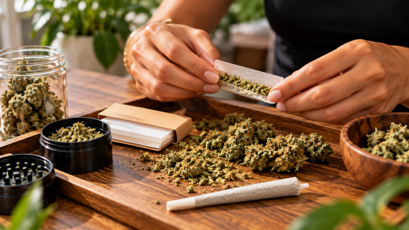 Hands rolling a cannabis joint with rolling paper on a wooden tray, surrounded by cannabis flower and rolling accessories.