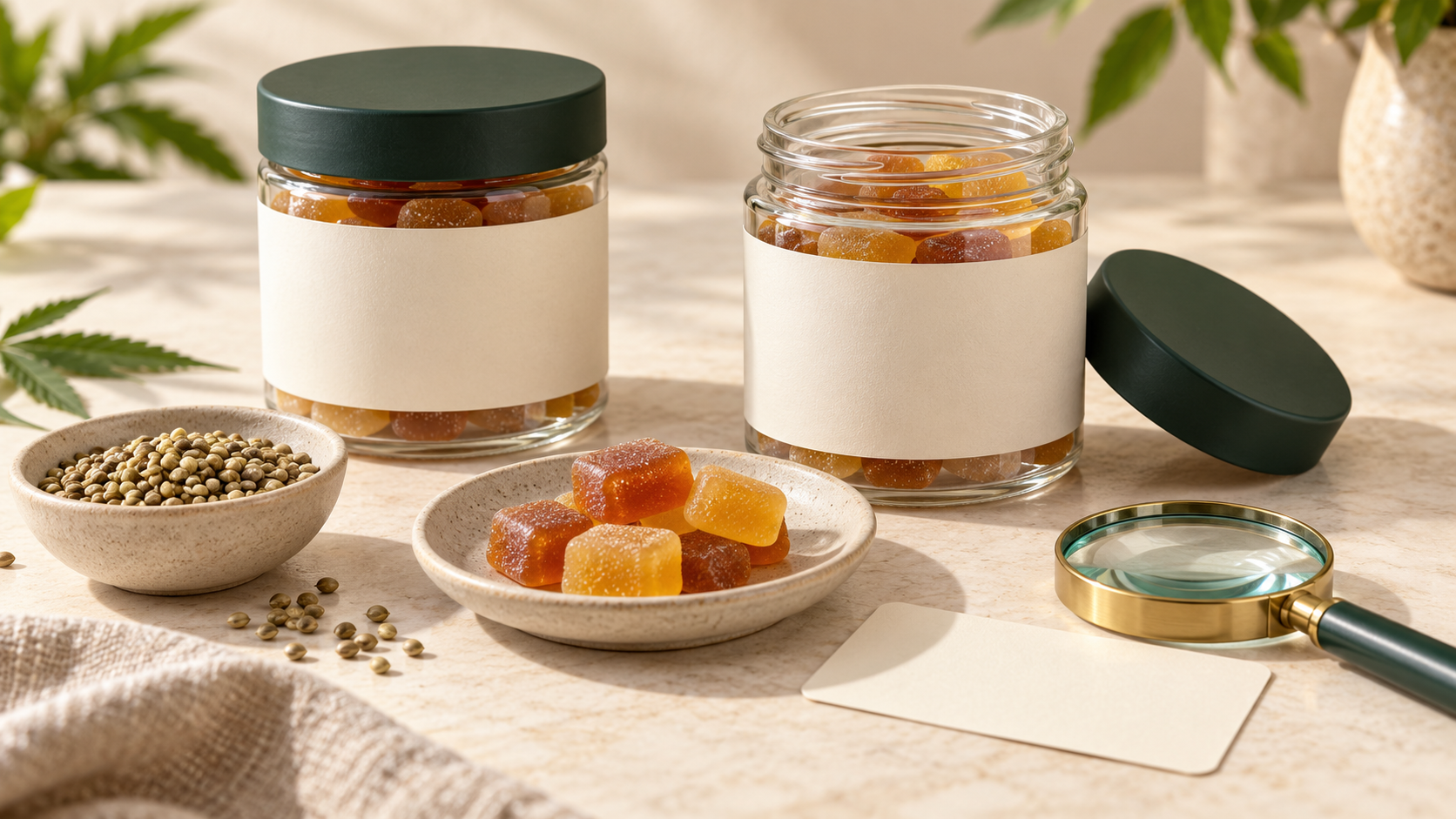 Two unbranded gummy jars beside hemp seeds, amber gummies and a magnifying glass on a cream tabletop.
