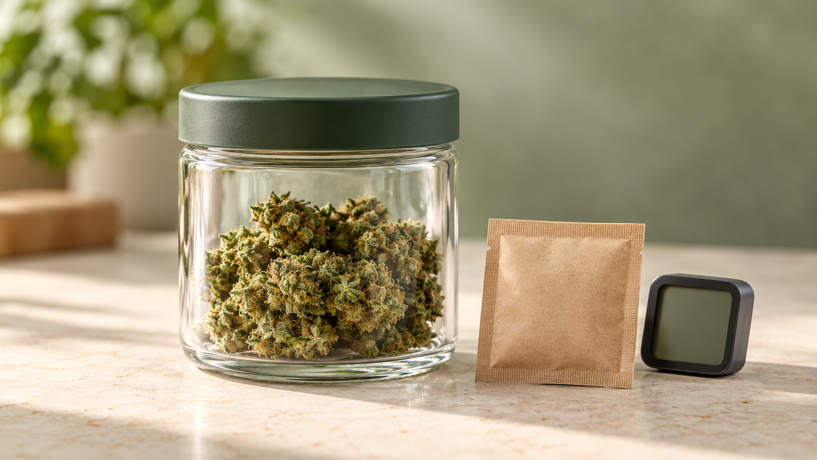 Sealed glass jar of hemp flower beside a humidity-control packet and digital hygrometer.
