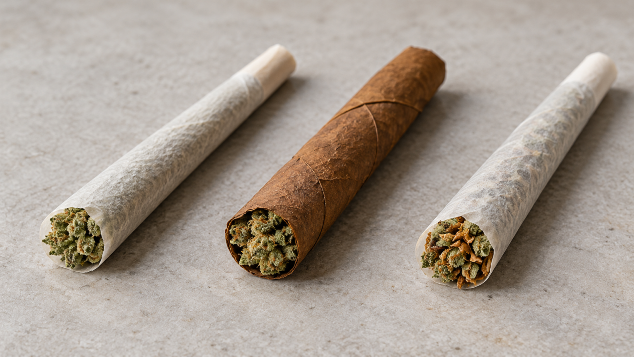 Unlit joint, blunt and spliff arranged side by side, showing different wrappers and exposed fillings.