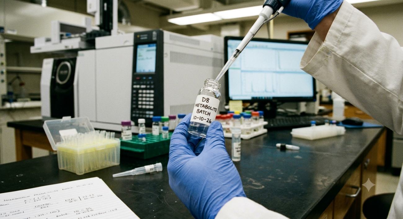 Lab technician using a pipette to prepare a Delta-8 metabolite testing vial in front of a mass spectrometry setup
