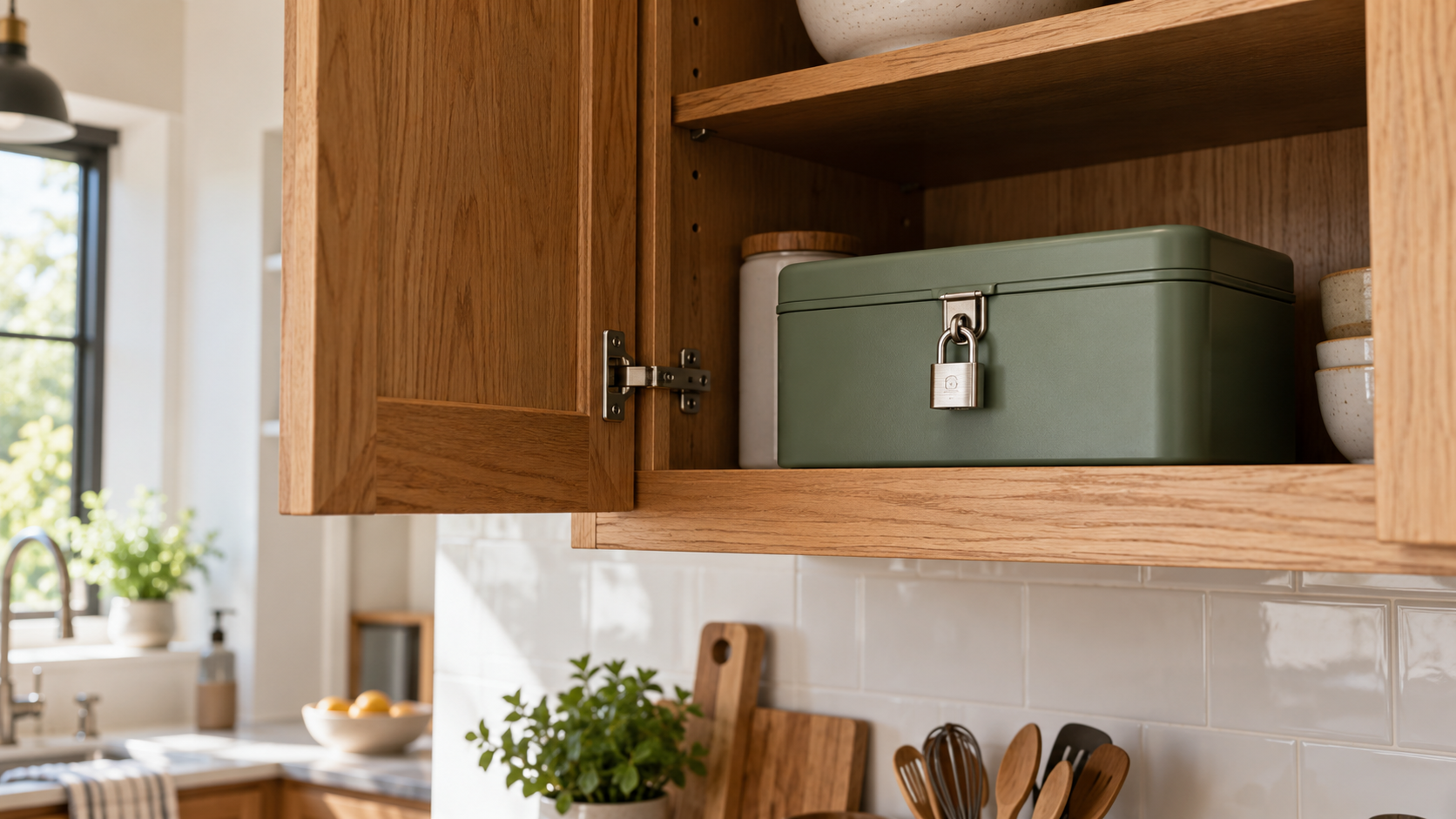 Green storage box secured with a padlock on an upper kitchen cabinet shelf.