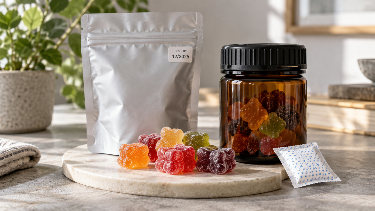 Colorful THC-style gummies beside a sealed storage pouch and amber jar, illustrating gummy expiration dates, shelf life, and proper storage.