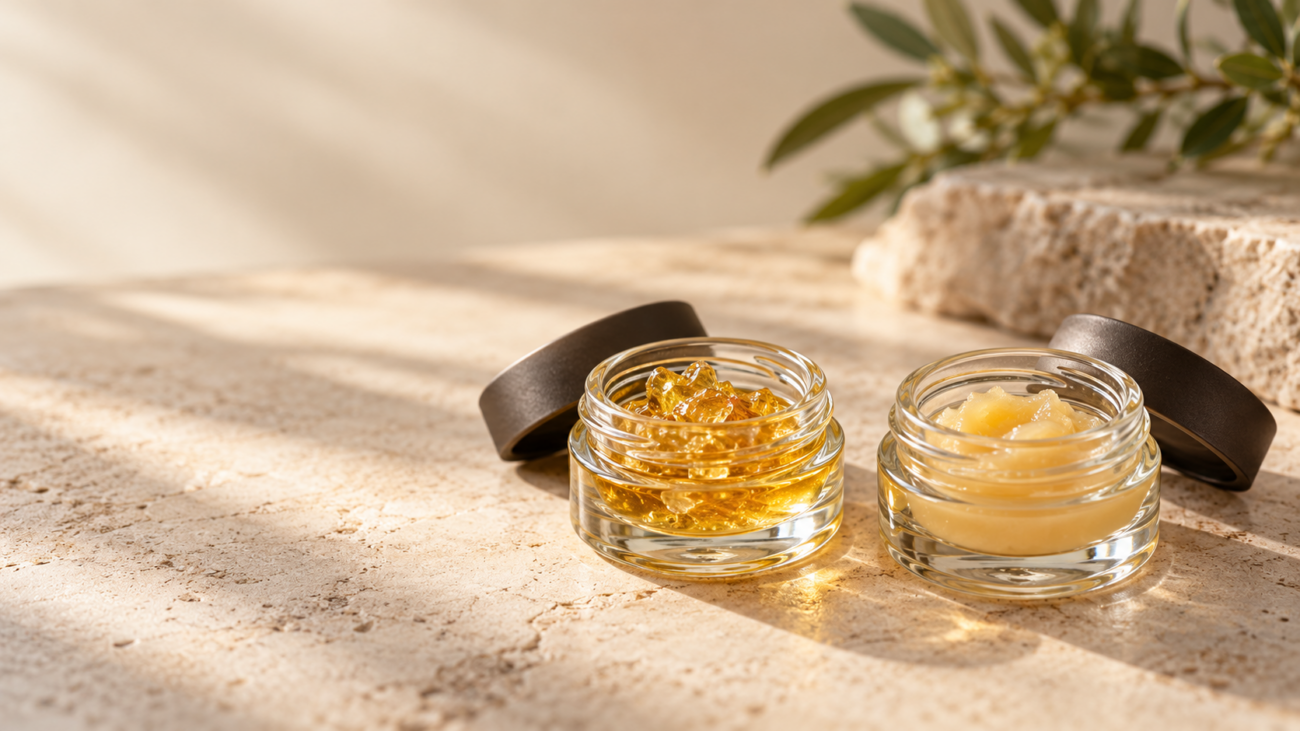 Two unbranded glass jars containing amber and pale-gold cannabis concentrates.