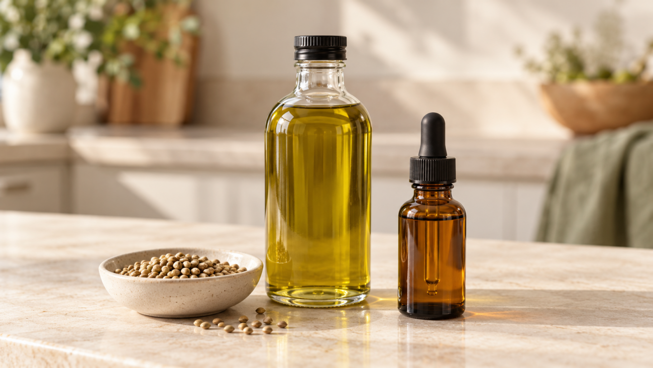 Clear oil bottle beside an amber dropper bottle and a bowl of hemp seeds on a kitchen counter.