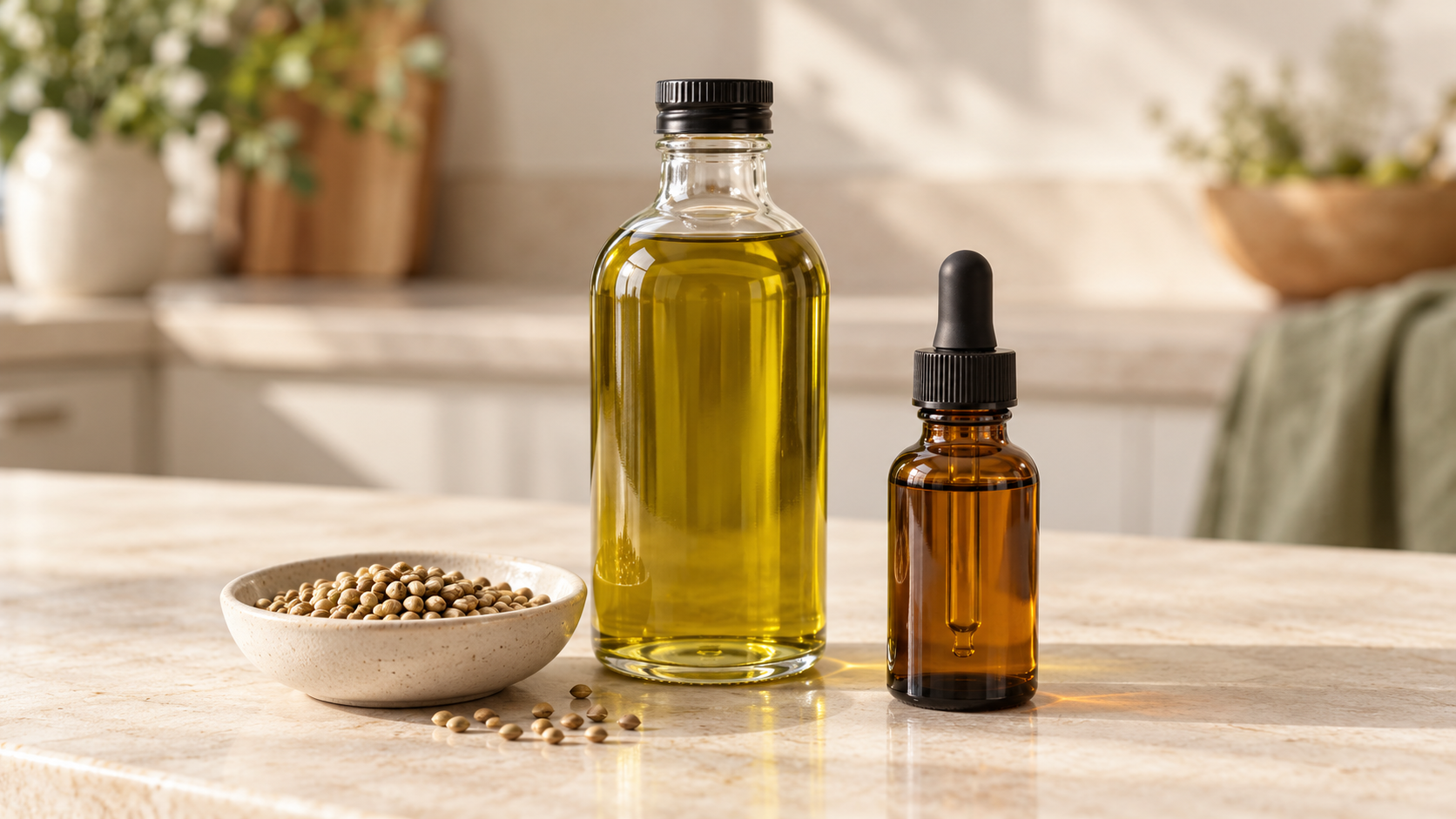 Clear oil bottle beside an amber dropper bottle and a bowl of hemp seeds on a kitchen counter.