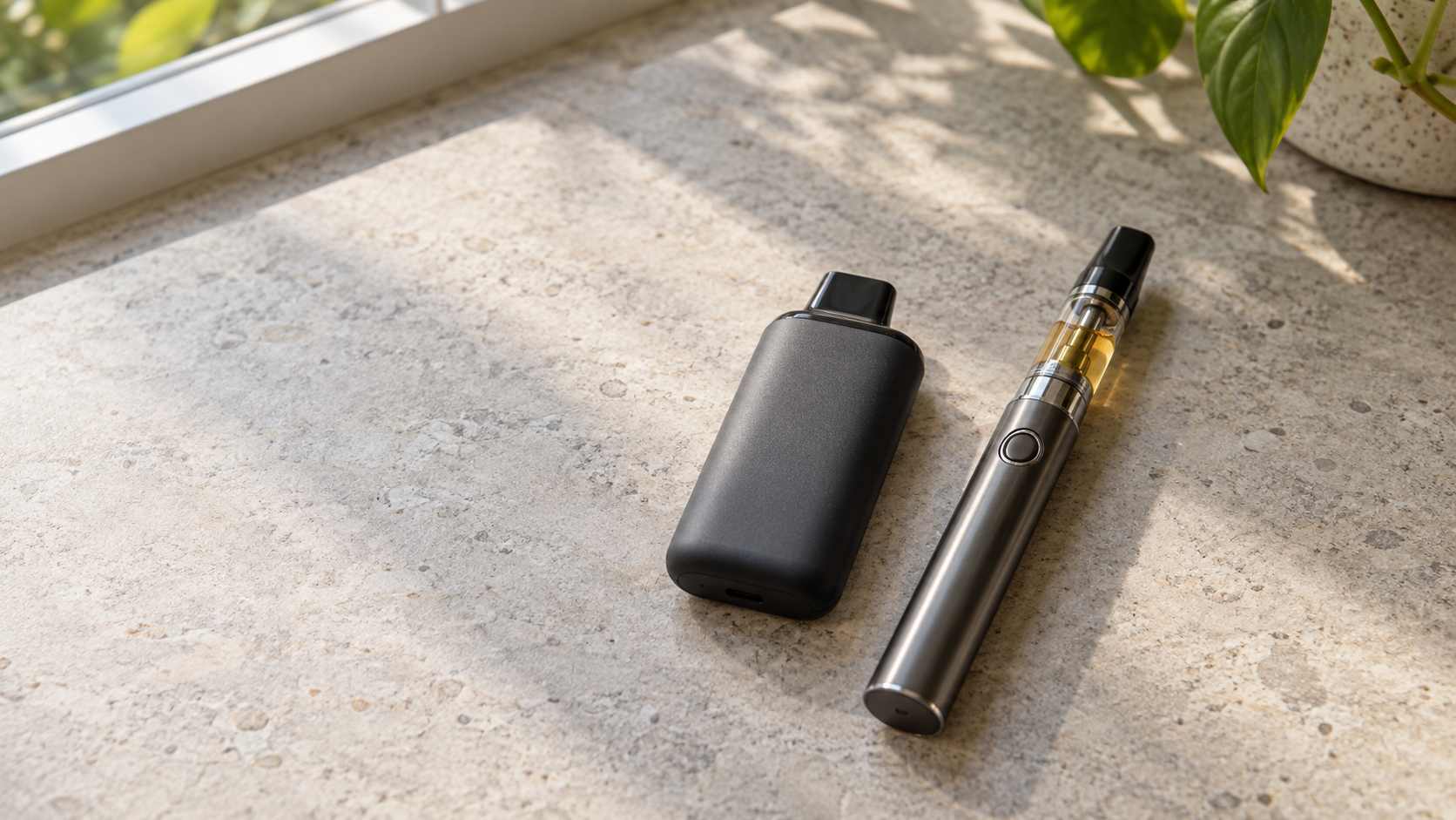 Disposable vape and 510 cartridge pen resting unused on a stone tabletop.