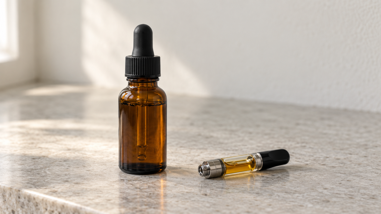 Amber glass dropper bottle beside a separate vape cartridge on a light stone countertop.
