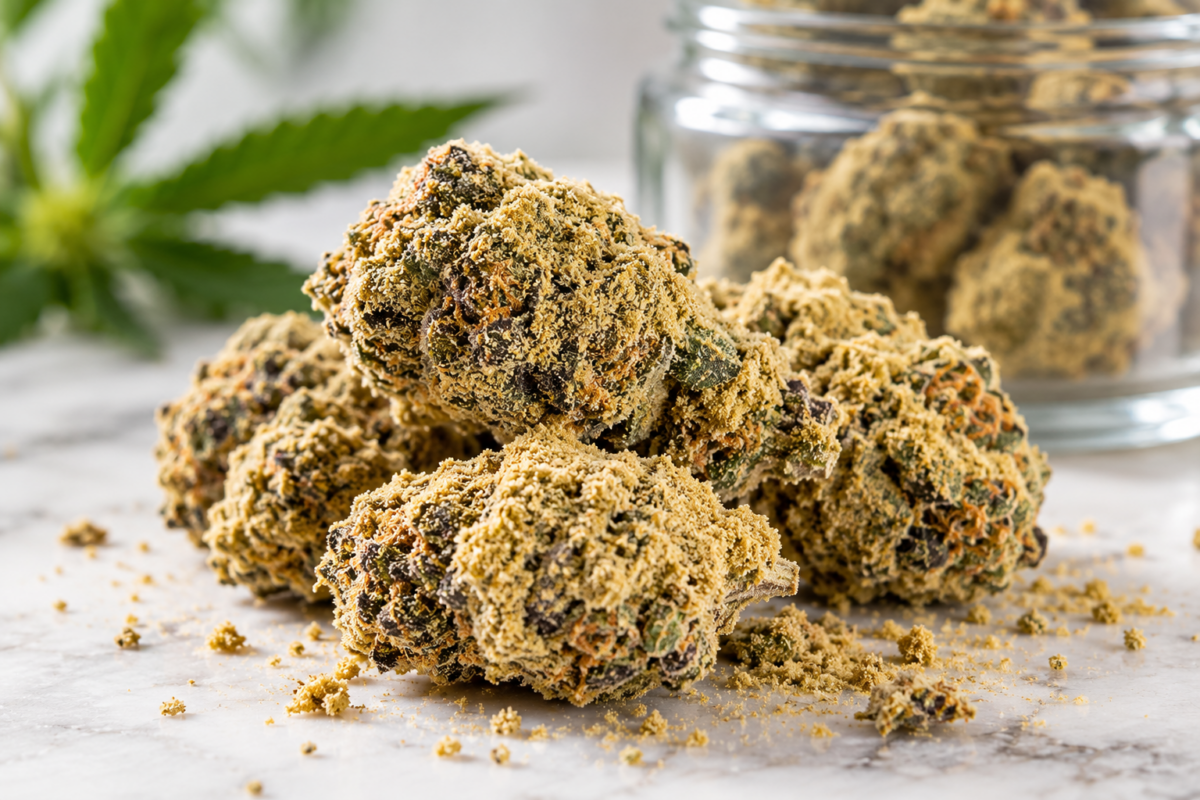 Delta 8 moon rocks coated with kief beside a glass jar
